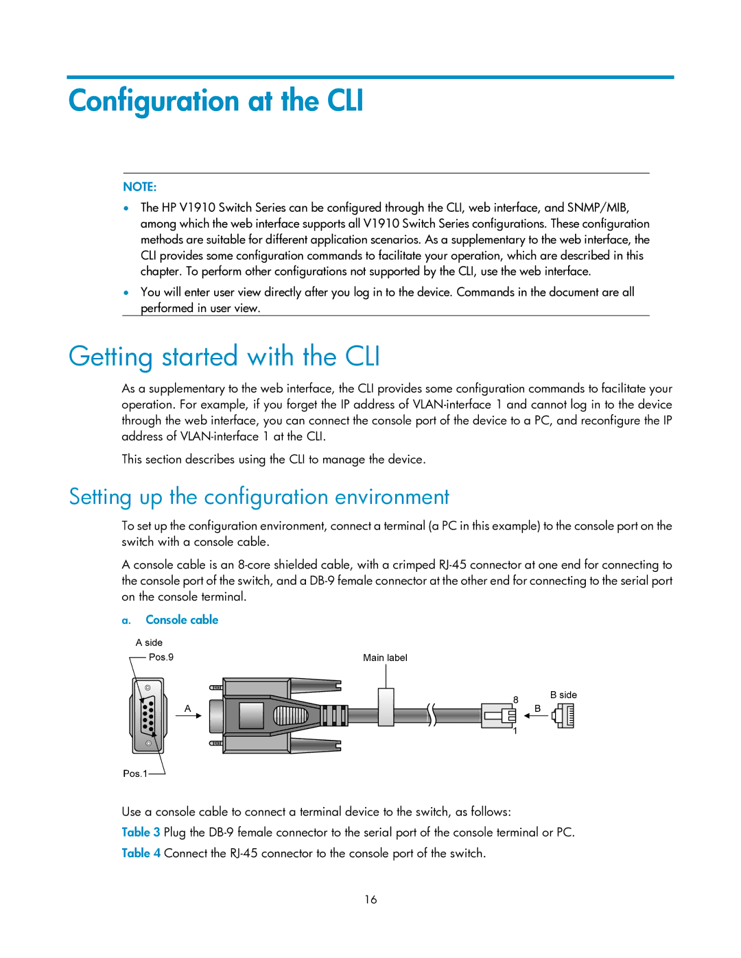 HP V1910 Configuration at the CLI, Getting started with the CLI, Setting up the configuration environment, Console cable 