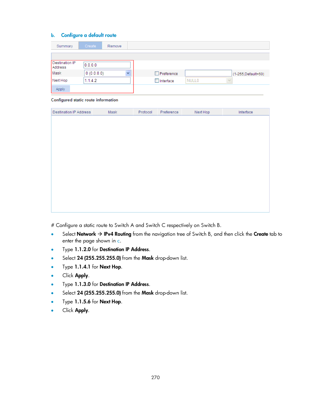 HP V1910 manual Configure a default route, 270 