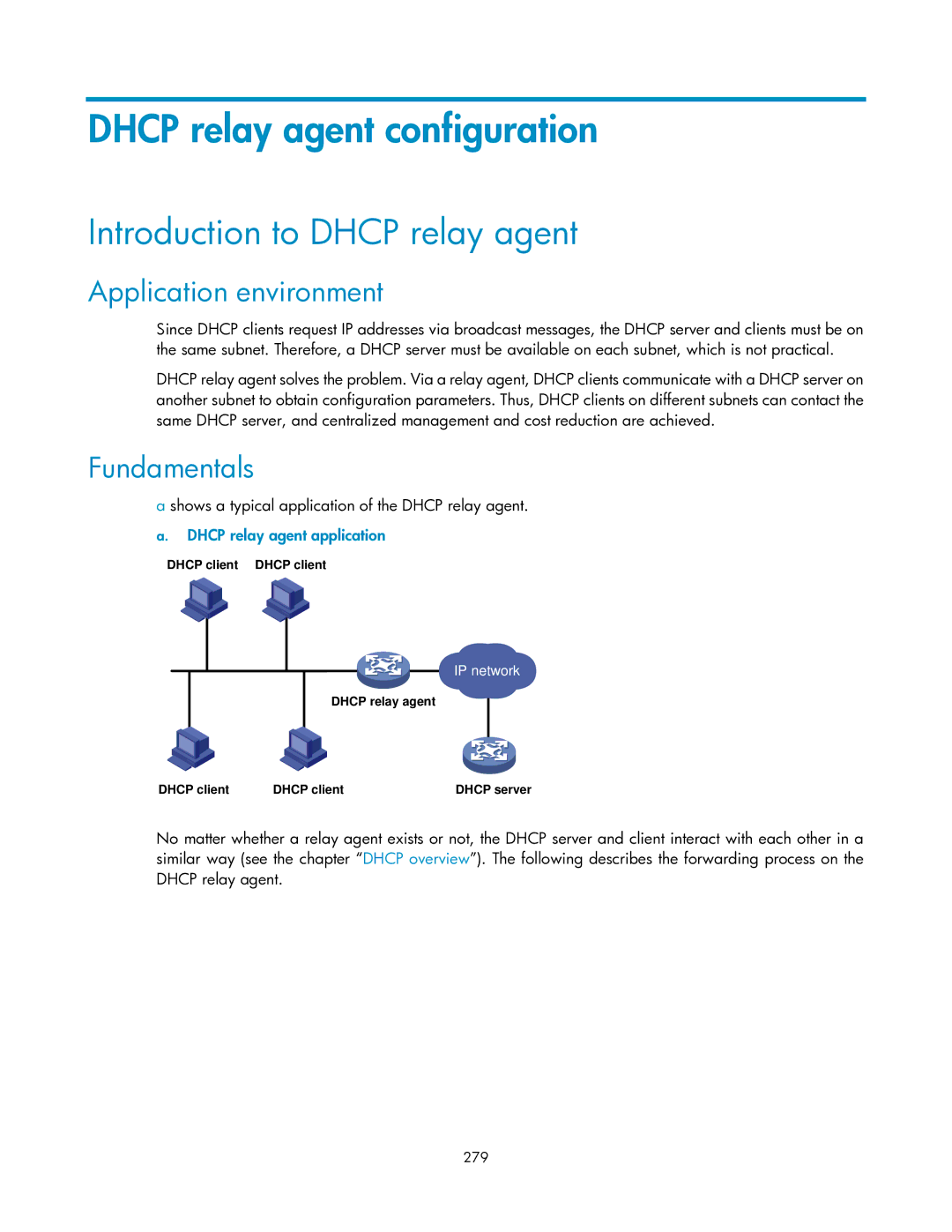 HP V1910 manual Dhcp relay agent configuration, Introduction to Dhcp relay agent, Application environment, Fundamentals 