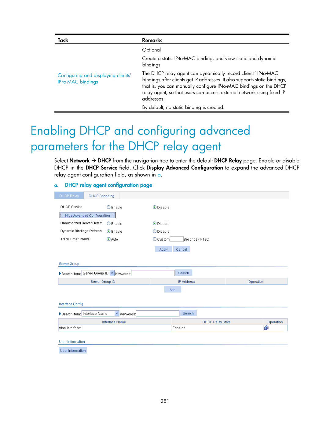 HP V1910 manual Dhcp relay agent configuration, Configuring and displaying clients IP-to-MAC bindings, 281 