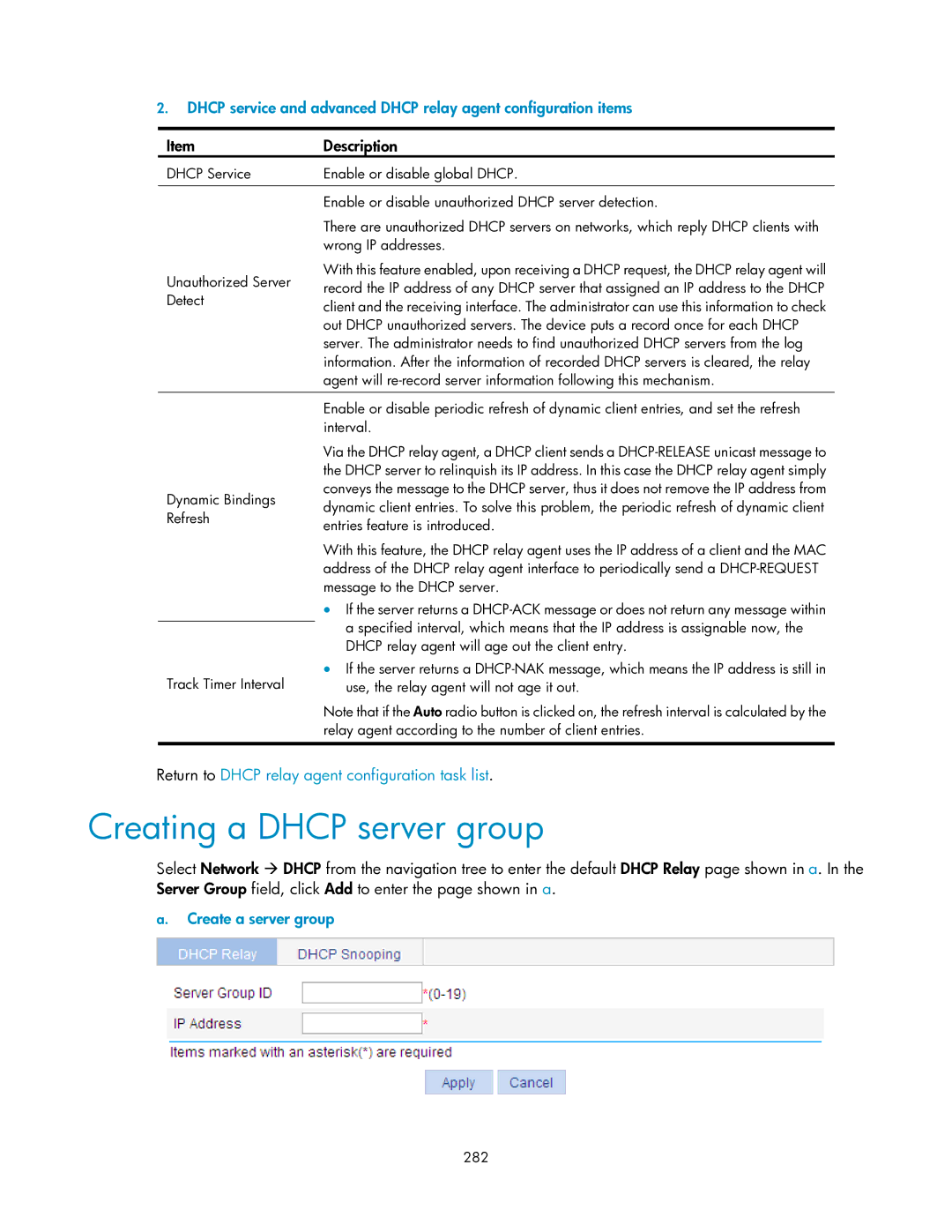 HP V1910 manual Creating a Dhcp server group, Return to Dhcp relay agent configuration task list, Create a server group 