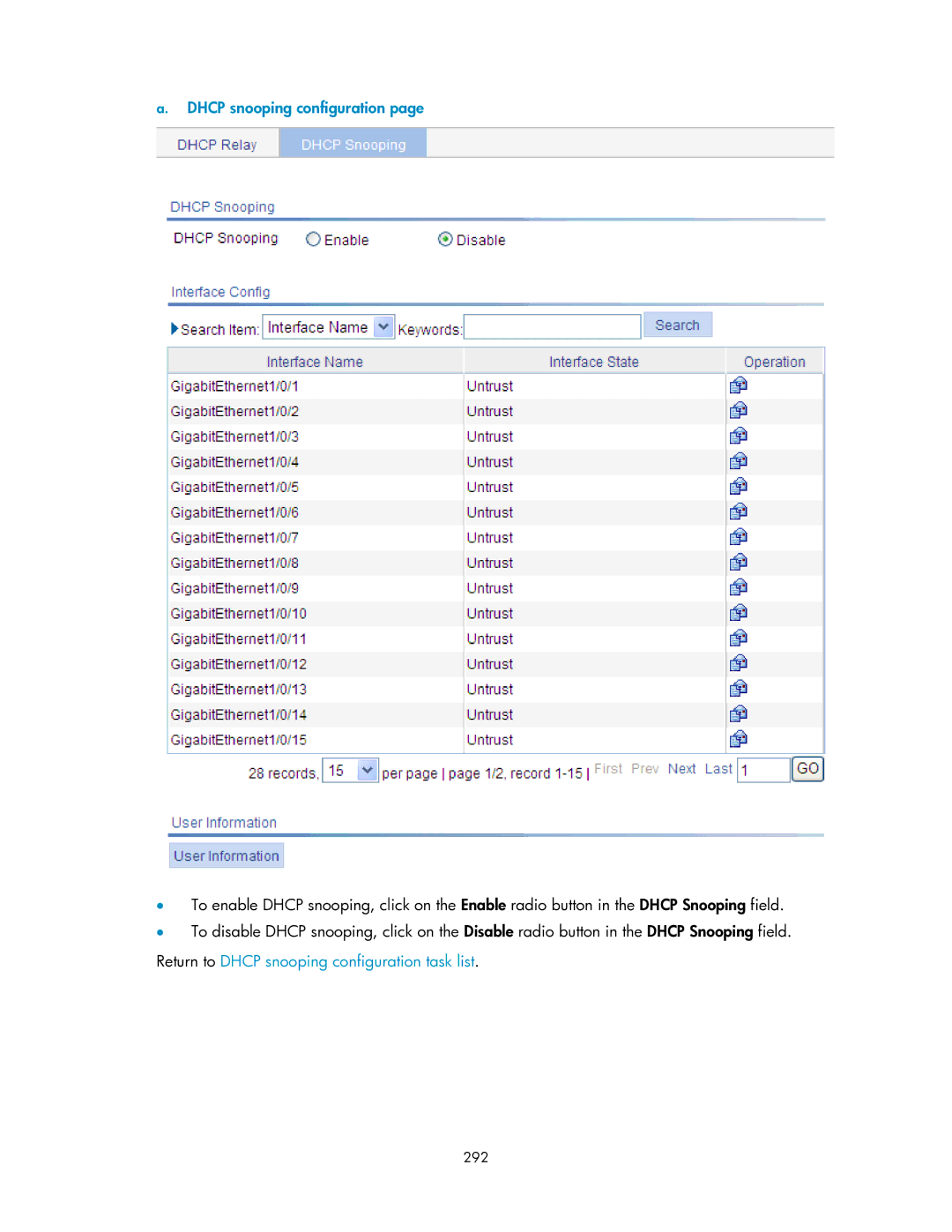 HP V1910 manual Return to Dhcp snooping configuration task list, 292 