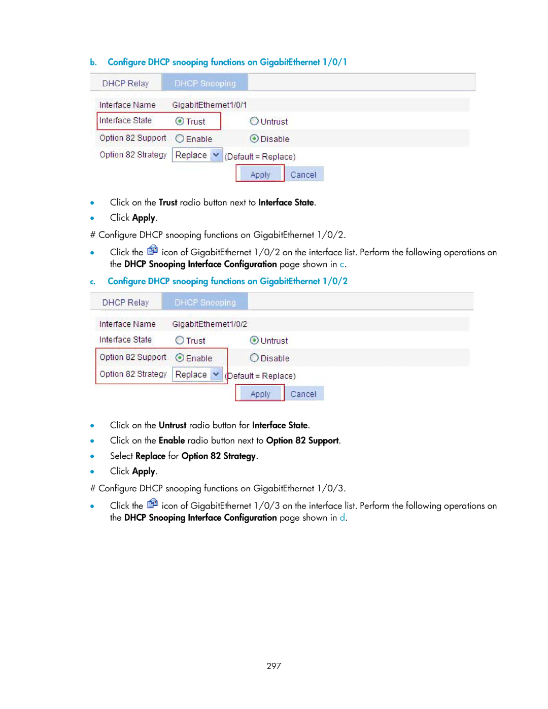 HP V1910 manual Configure Dhcp snooping functions on GigabitEthernet 1/0/1, 297 