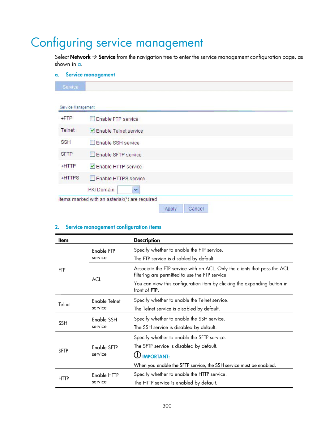 HP V1910 manual Configuring service management, Service management Service management configuration items 