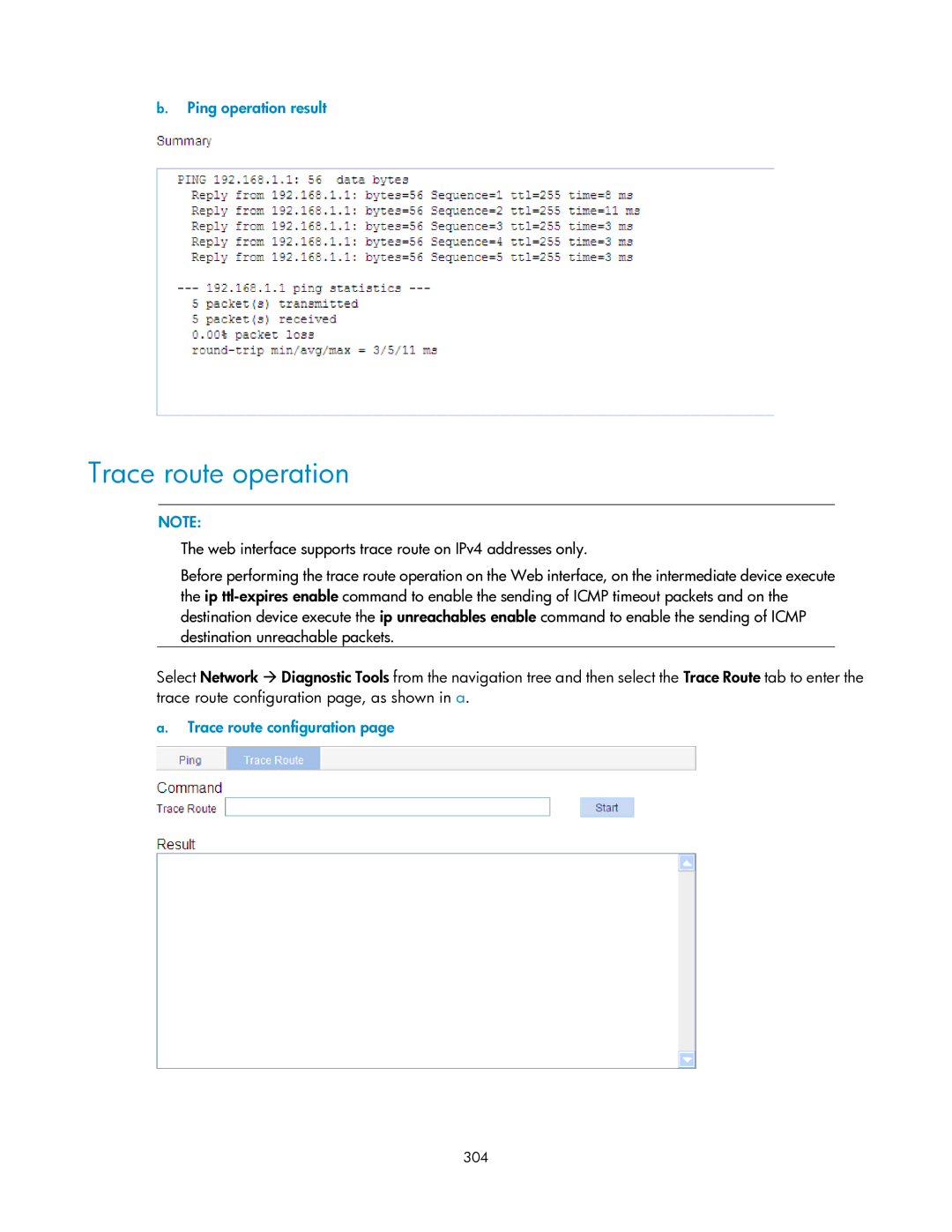 HP V1910 manual Trace route operation, Ping operation result, Trace route configuration, 304 