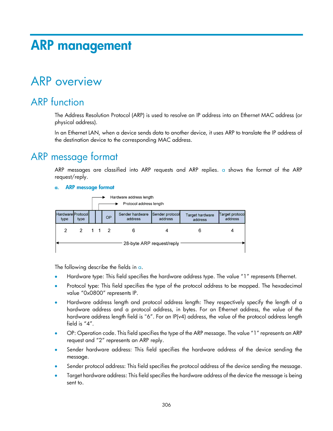 HP V1910 manual ARP management, ARP overview, ARP function, ARP message format 