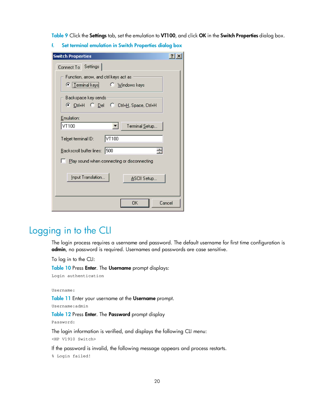 HP V1910 manual Logging in to the CLI, Set terminal emulation in Switch Properties dialog box 