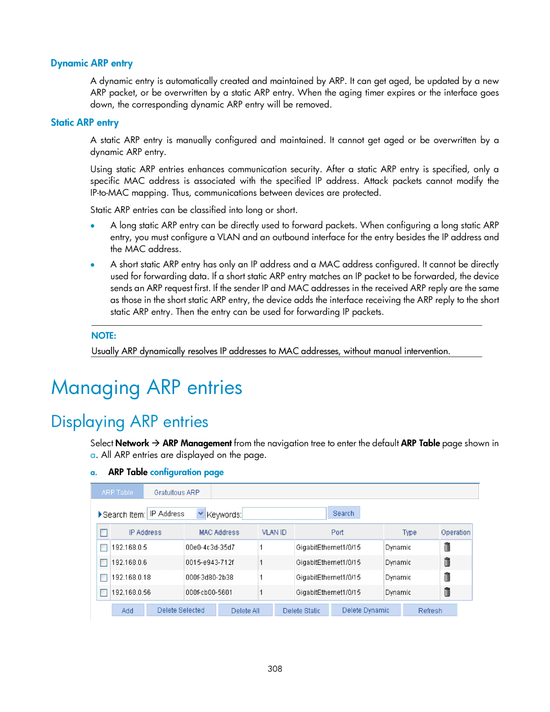 HP V1910 manual Managing ARP entries, Displaying ARP entries, Dynamic ARP entry, Static ARP entry, ARP Table configuration 