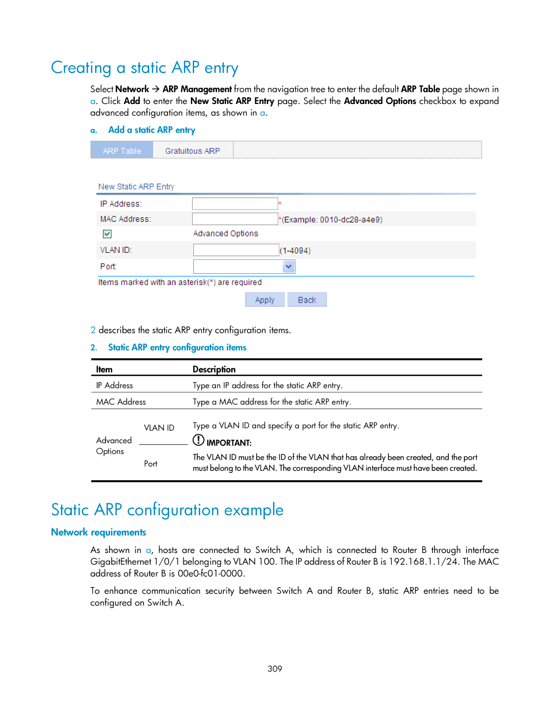 HP V1910 manual Creating a static ARP entry, Static ARP configuration example, Add a static ARP entry 