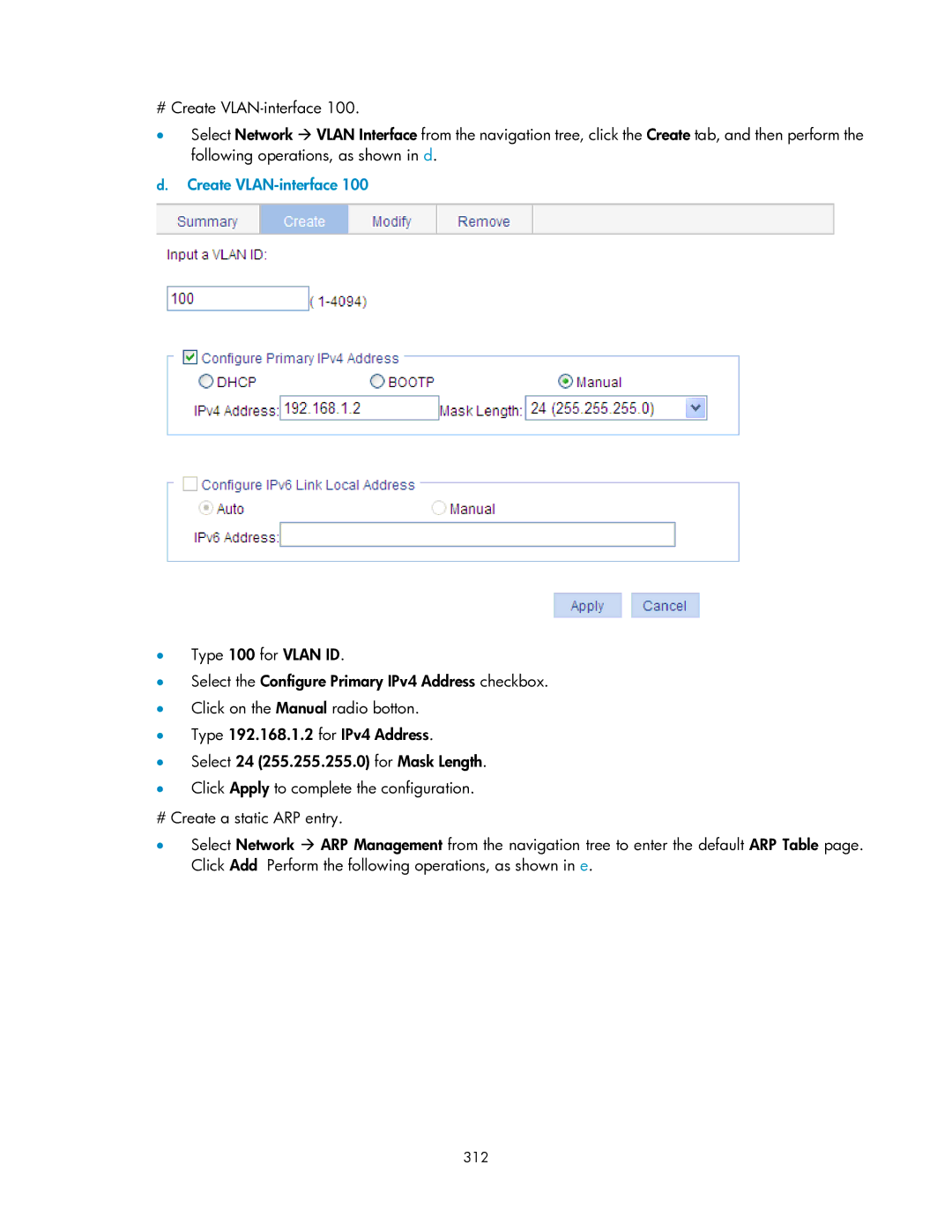 HP V1910 manual Create VLAN-interface, 312 