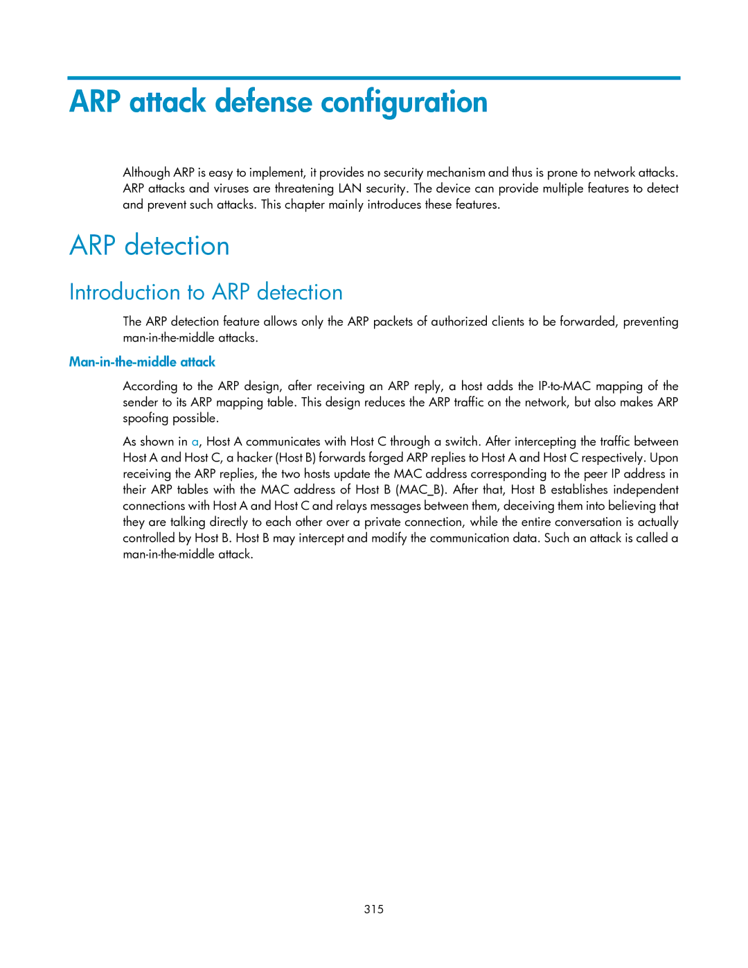 HP V1910 manual ARP attack defense configuration, Introduction to ARP detection, Man-in-the-middle attack, 315 