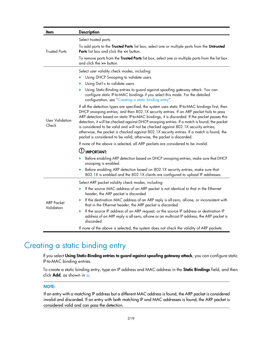 HP V1910 manual Configuration, see Creating a static binding entry 