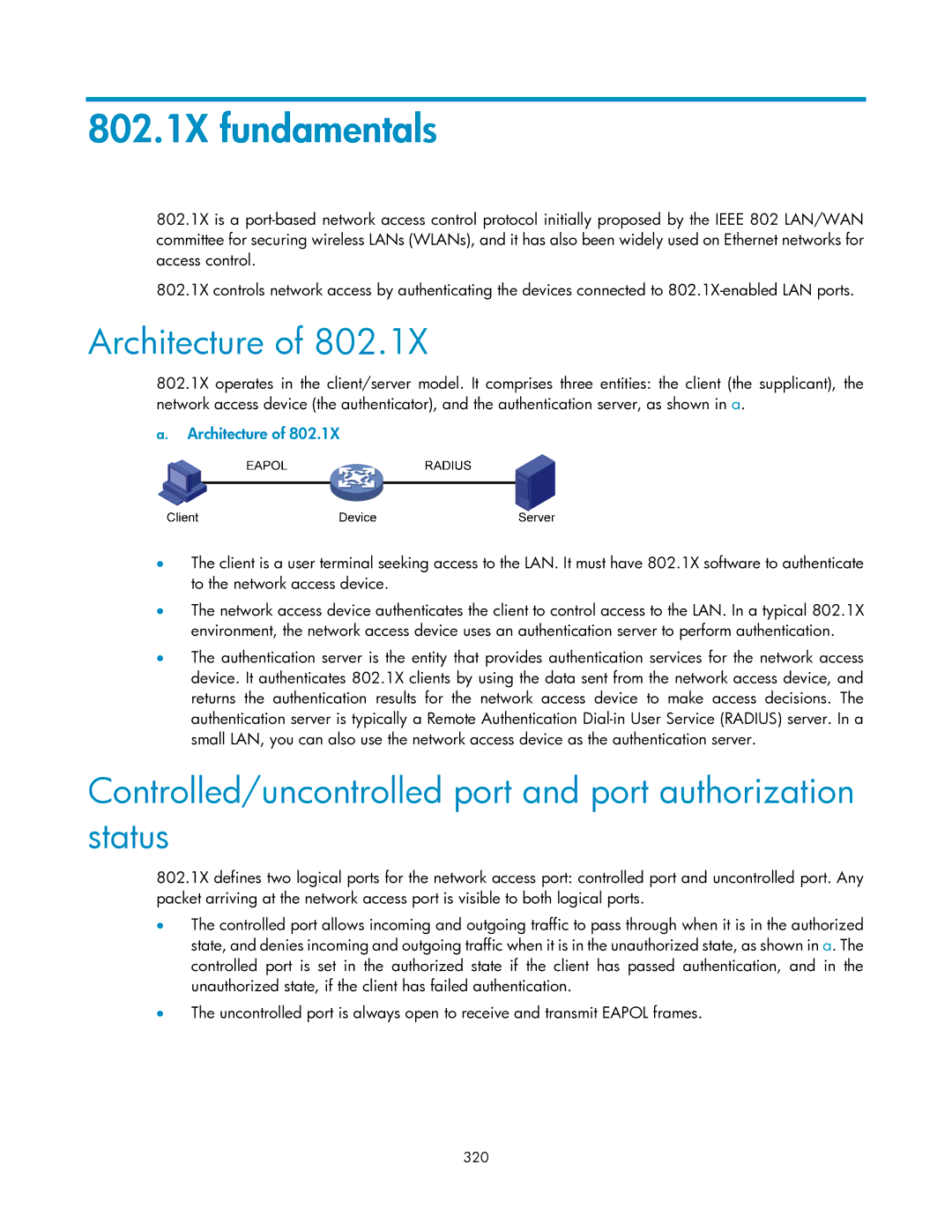 HP V1910 manual 802.1X fundamentals, Architecture, Controlled/uncontrolled port and port authorization status, 320 