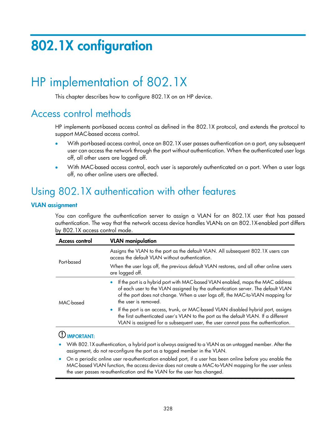 HP V1910 802.1X configuration, HP implementation, Access control methods, Using 802.1X authentication with other features 