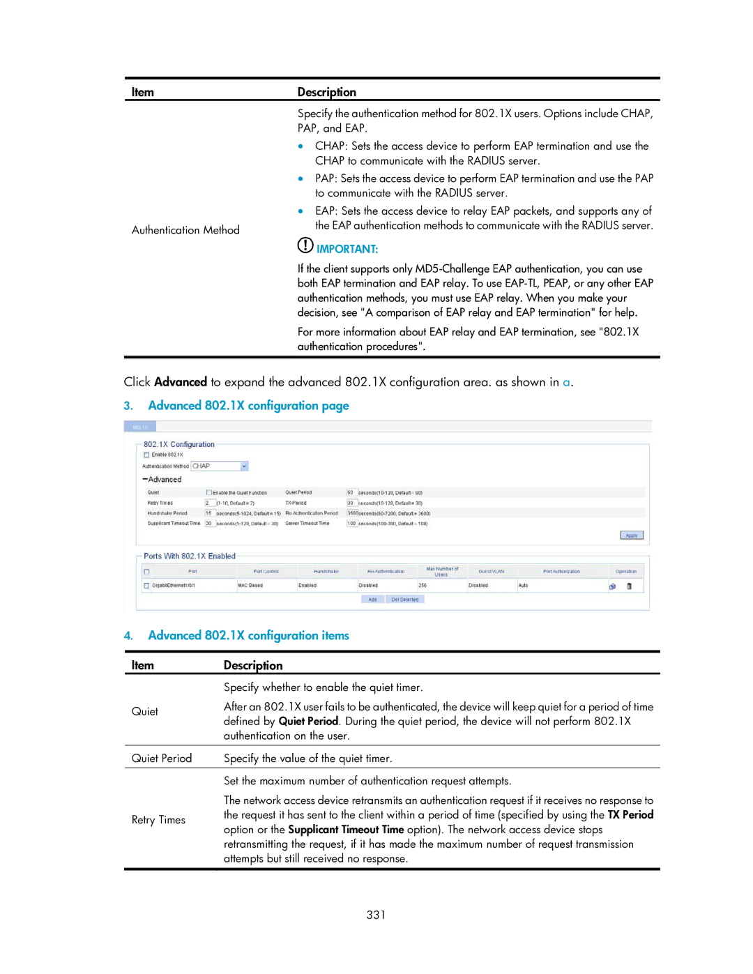 HP V1910 manual PAP, and EAP, Chap to communicate with the Radius server, To communicate with the Radius server, Quiet, 331 