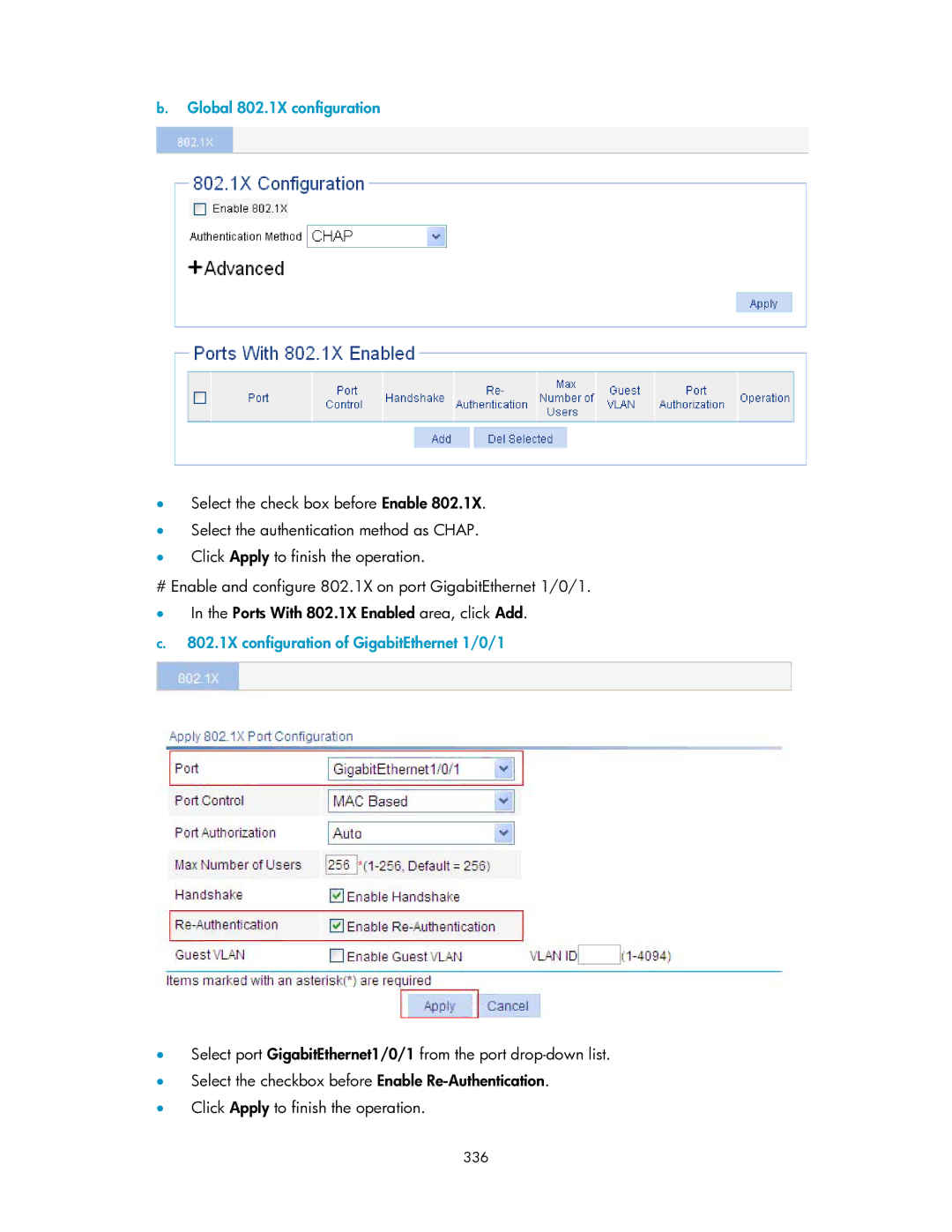 HP V1910 manual Global 802.1X configuration, 336 