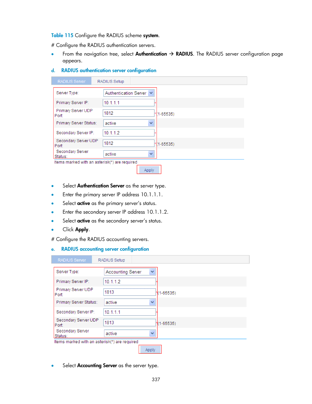 HP V1910 manual Radius authentication server configuration, 337 