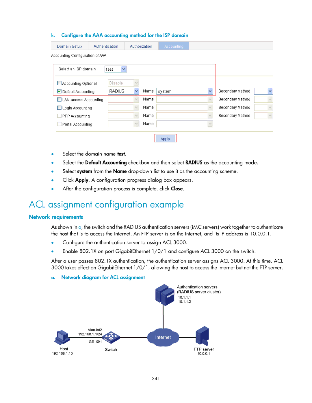 HP V1910 manual ACL assignment configuration example, Configure the AAA accounting method for the ISP domain, 341 