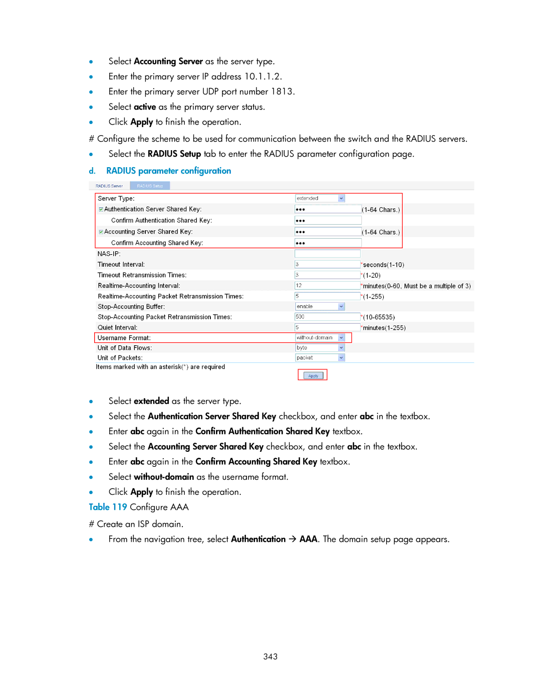 HP V1910 manual Radius parameter configuration, 343 