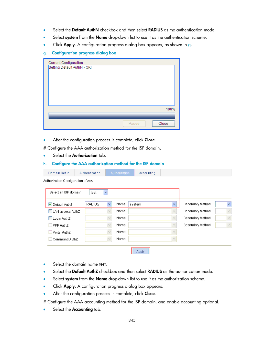 HP V1910 manual Configuration progress dialog box, 345 