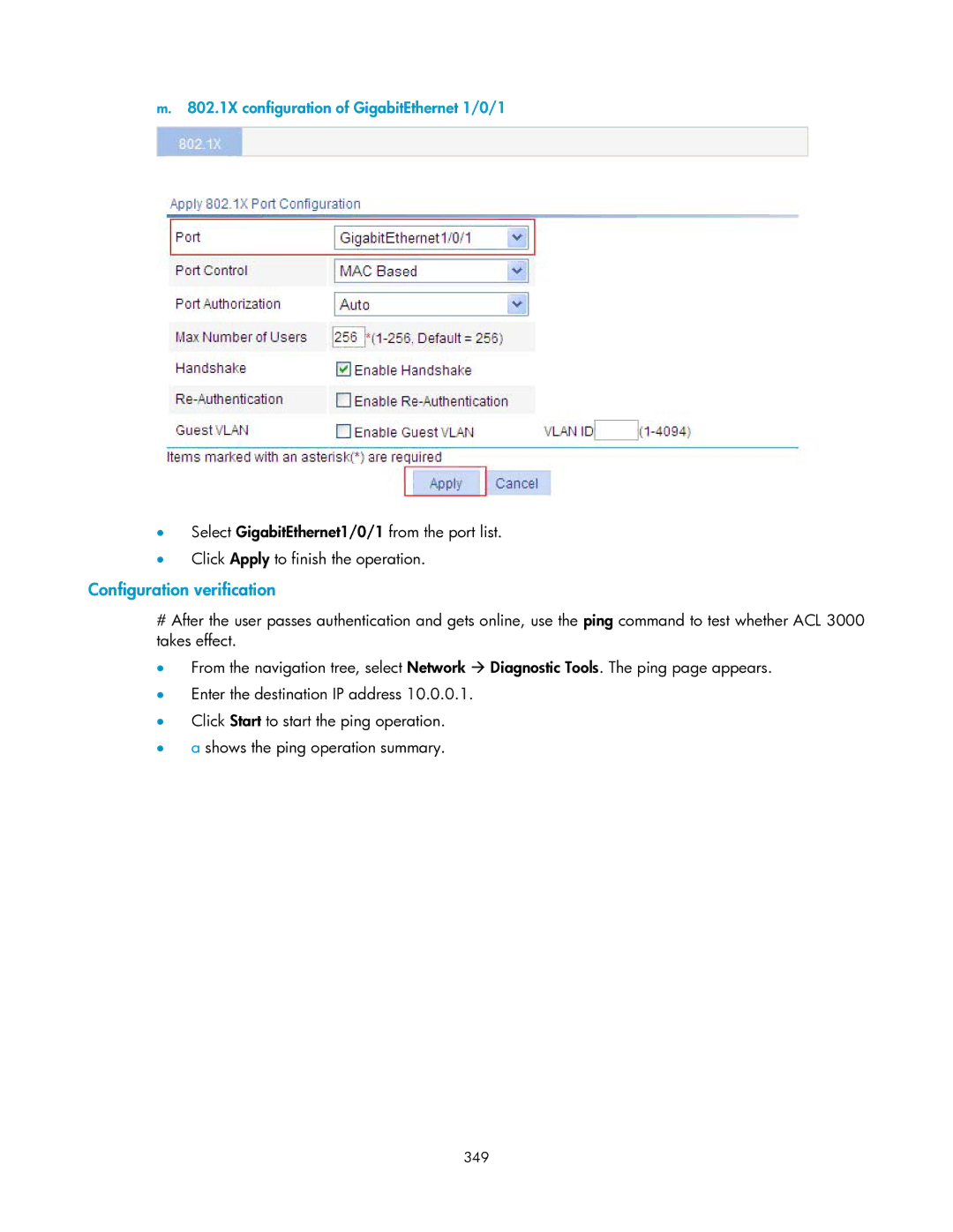 HP V1910 manual 802.1X configuration of GigabitEthernet 1/0/1, 349 