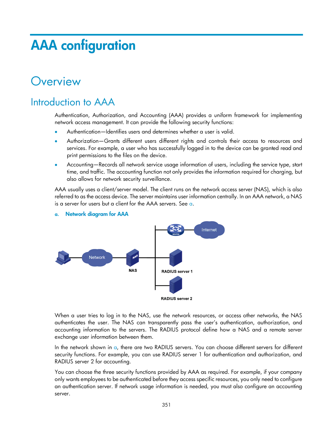 HP V1910 manual AAA configuration, Introduction to AAA, Network diagram for AAA, 351 