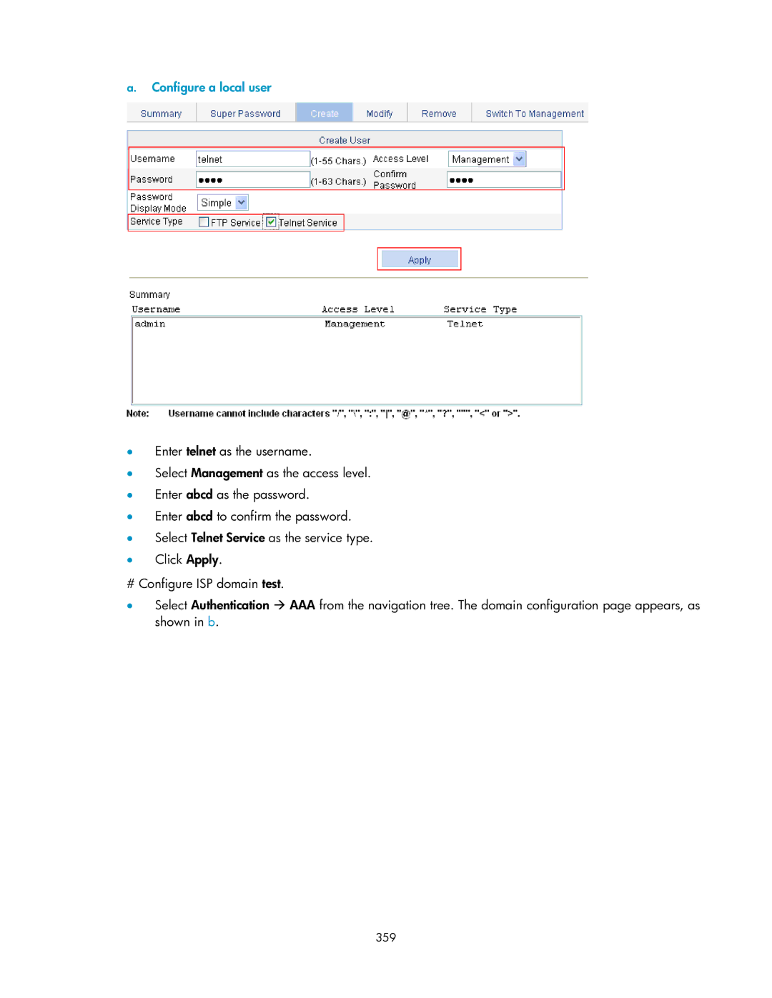 HP V1910 manual Configure a local user, 359 