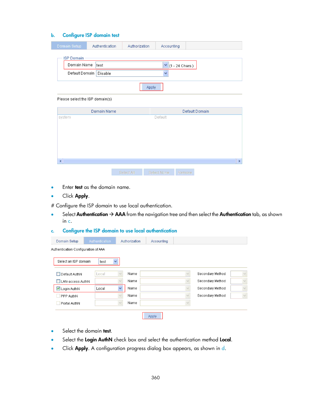 HP V1910 manual Configure ISP domain test, Configure the ISP domain to use local authentication, 360 