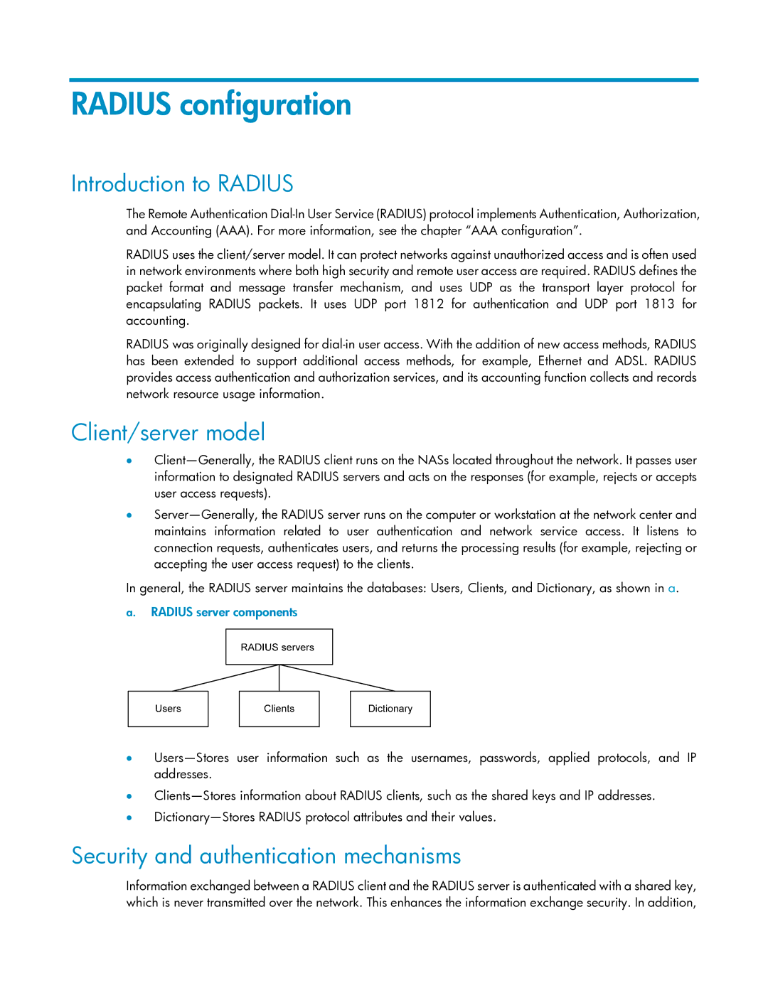 HP V1910 manual Radius configuration, Introduction to Radius, Client/server model, Security and authentication mechanisms 