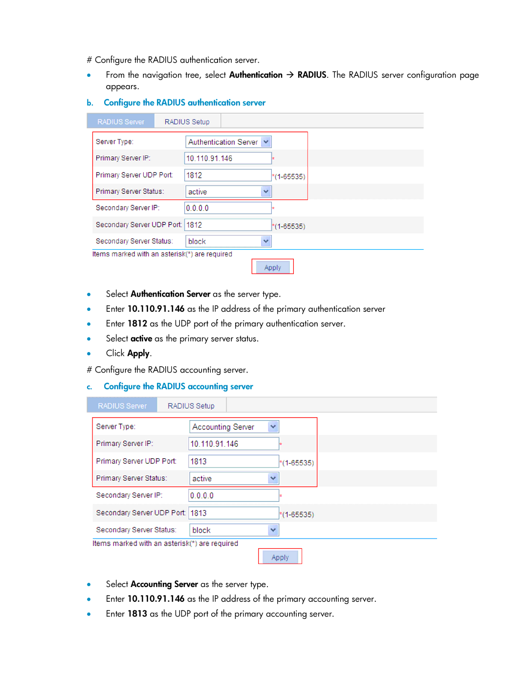 HP V1910 manual Configure the Radius authentication server 