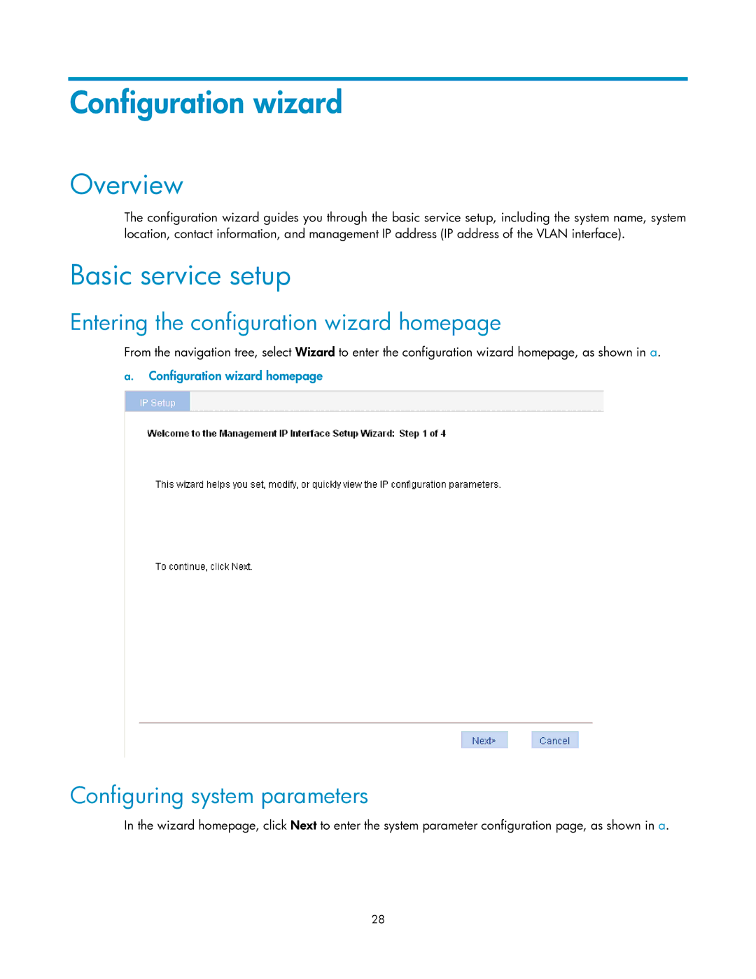 HP V1910 manual Configuration wizard, Overview, Basic service setup, Entering the configuration wizard homepage 