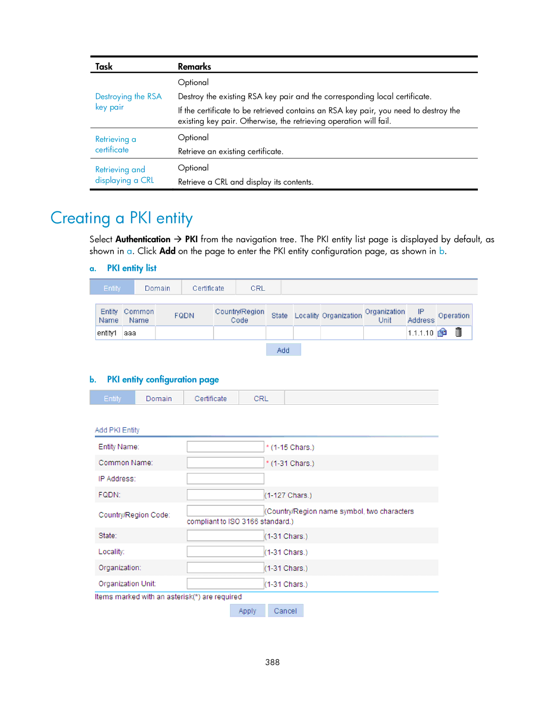 HP V1910 manual Creating a PKI entity, PKI entity list PKI entity configuration, 388 