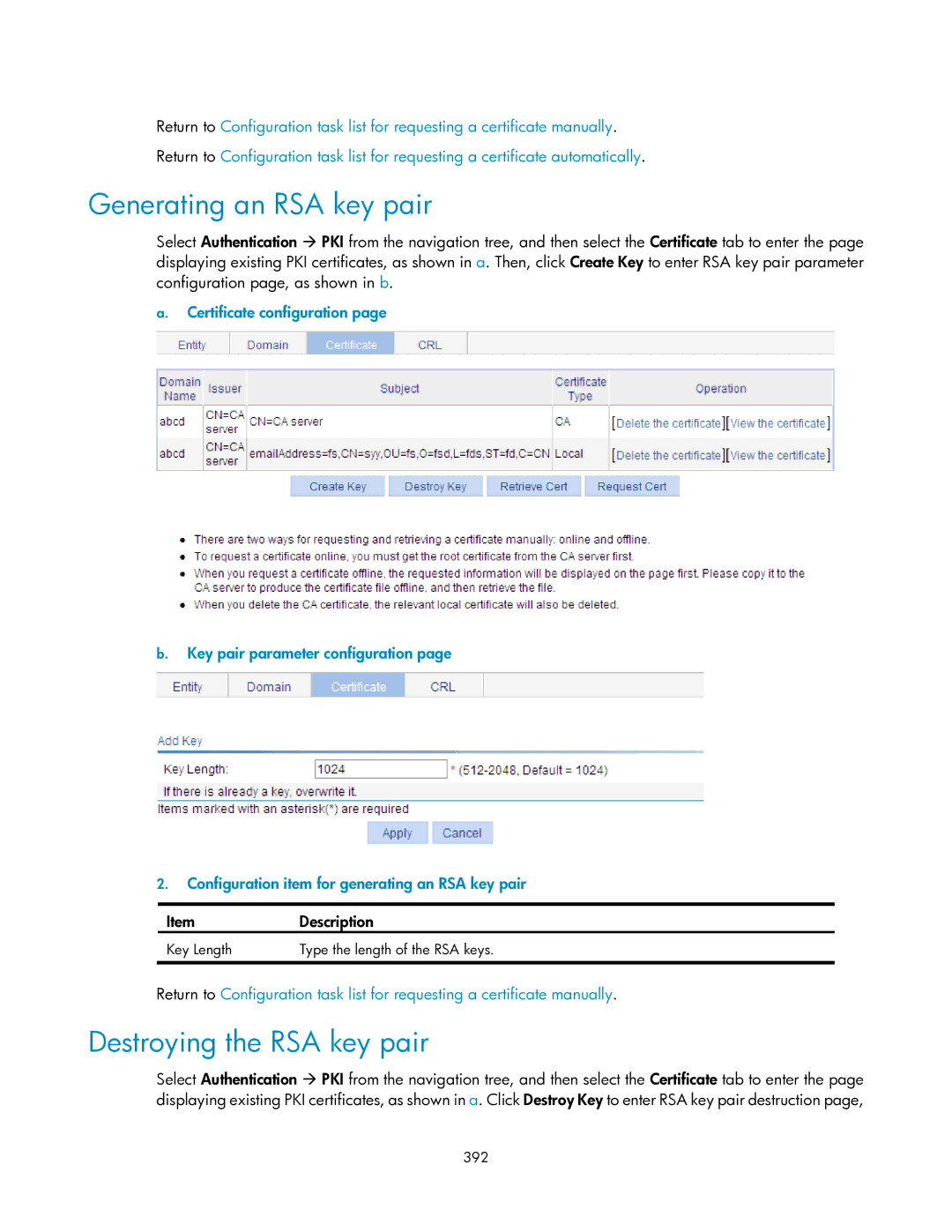 HP V1910 manual Generating an RSA key pair, Destroying the RSA key pair, Key Length Type the length of the RSA keys 