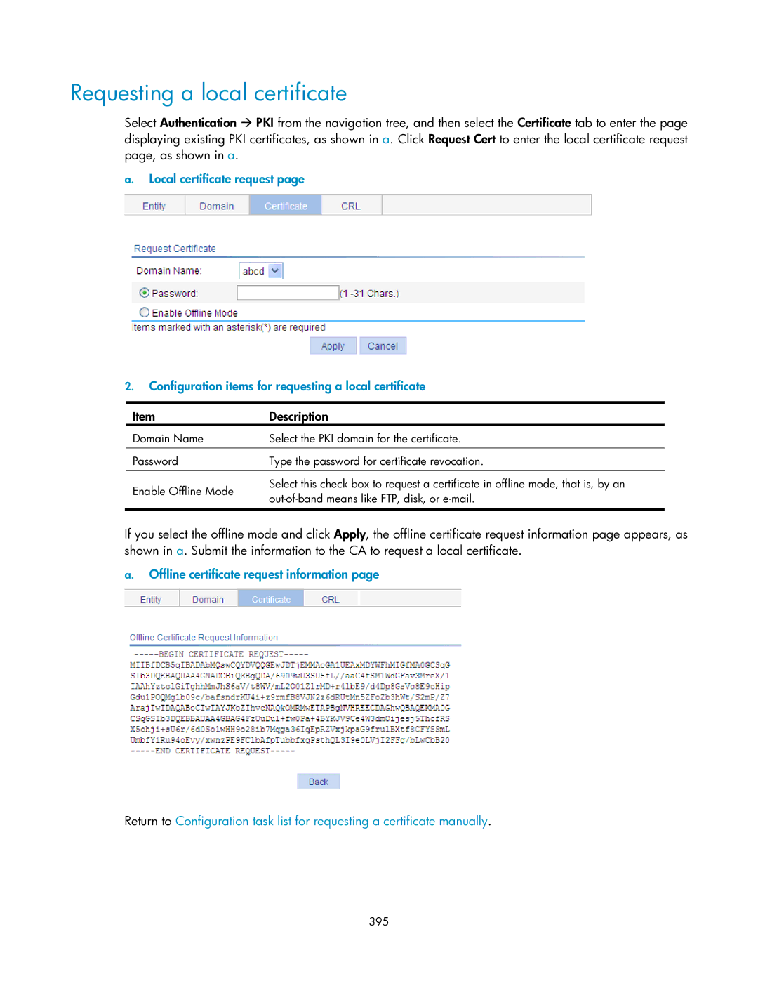 HP V1910 manual Requesting a local certificate, 395 