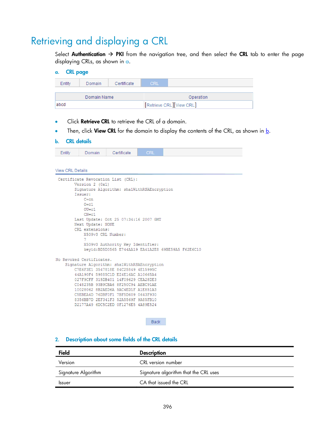 HP V1910 manual Retrieving and displaying a CRL, Crl 