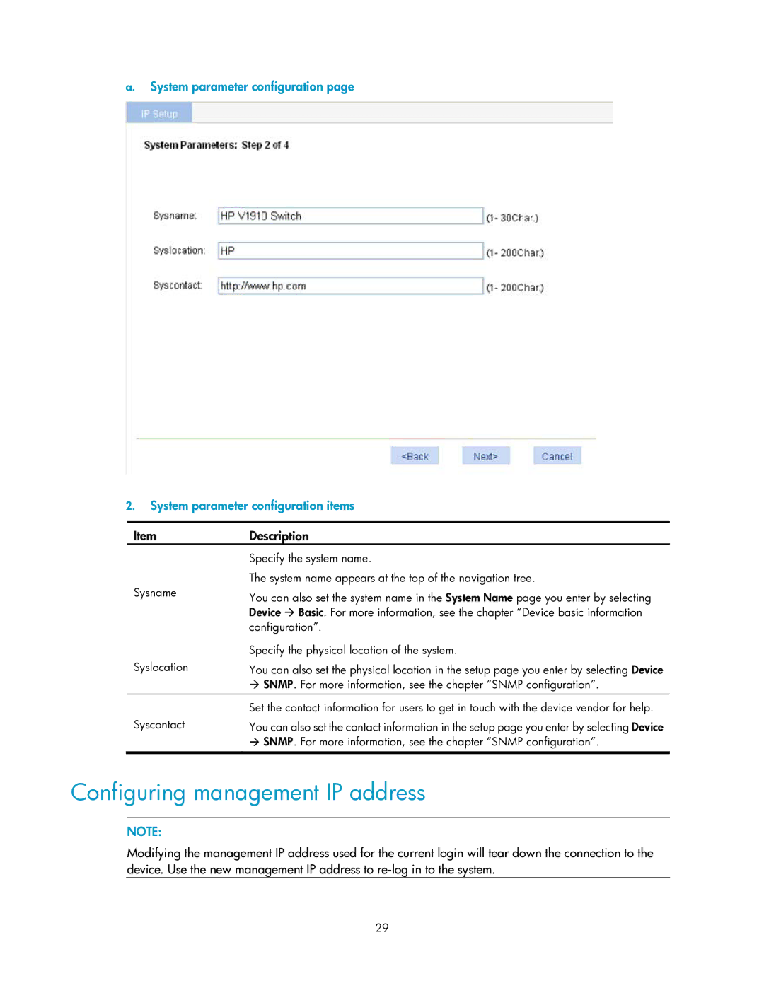 HP V1910 manual Configuring management IP address 