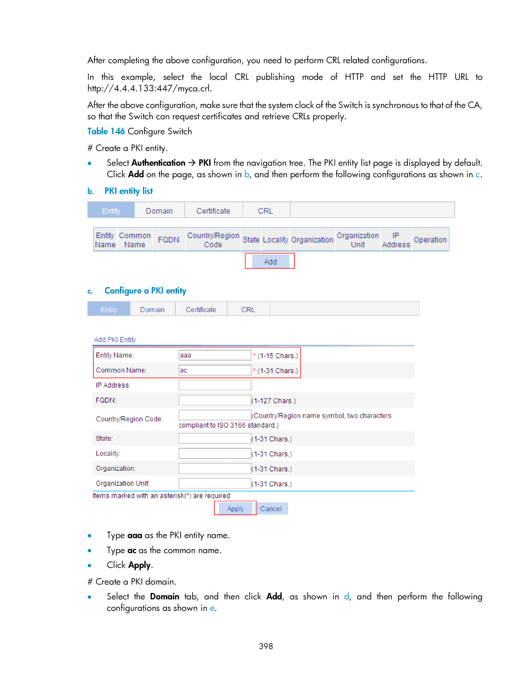 HP V1910 manual PKI entity list Configure a PKI entity, 398 