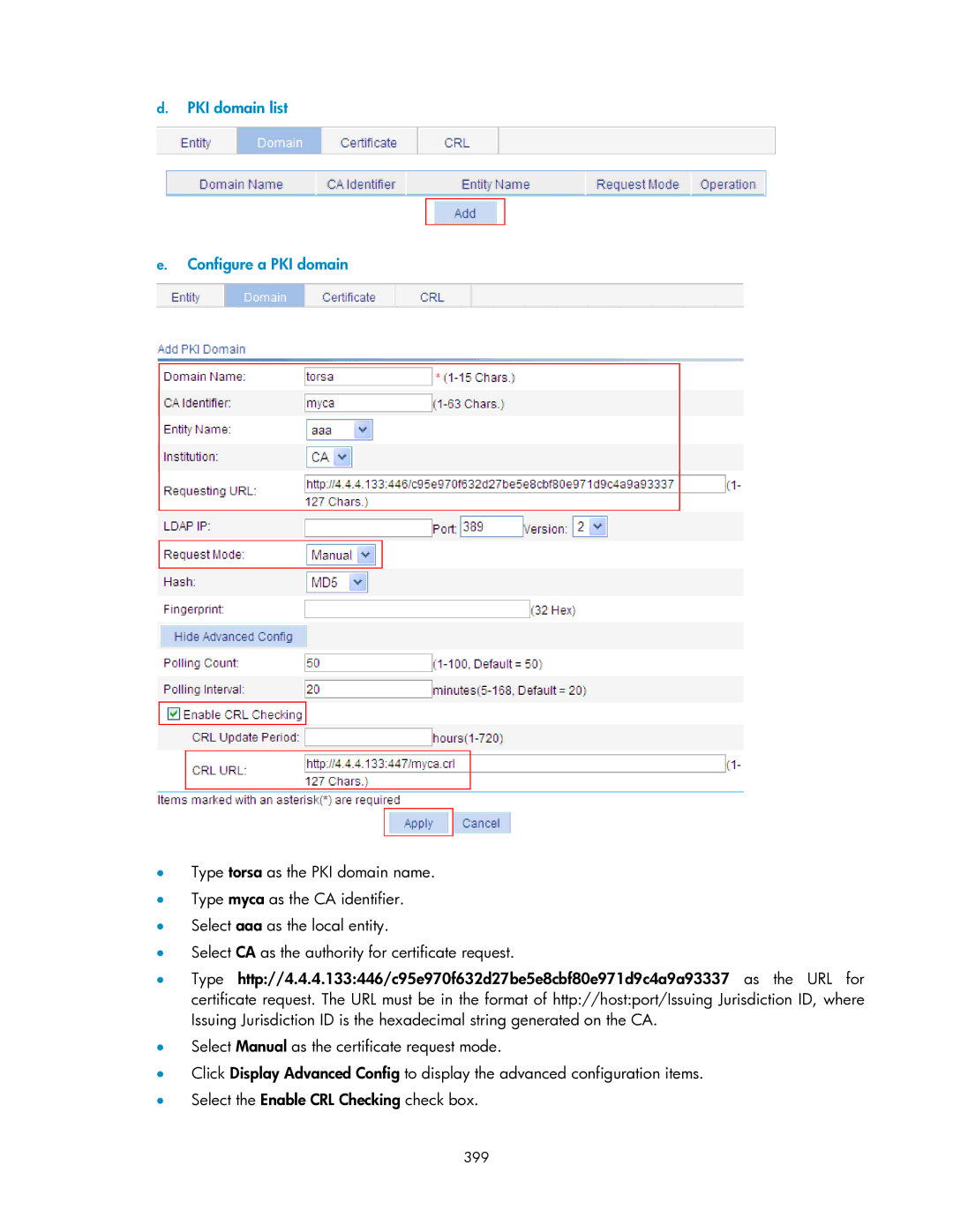 HP V1910 manual PKI domain list Configure a PKI domain, 399 