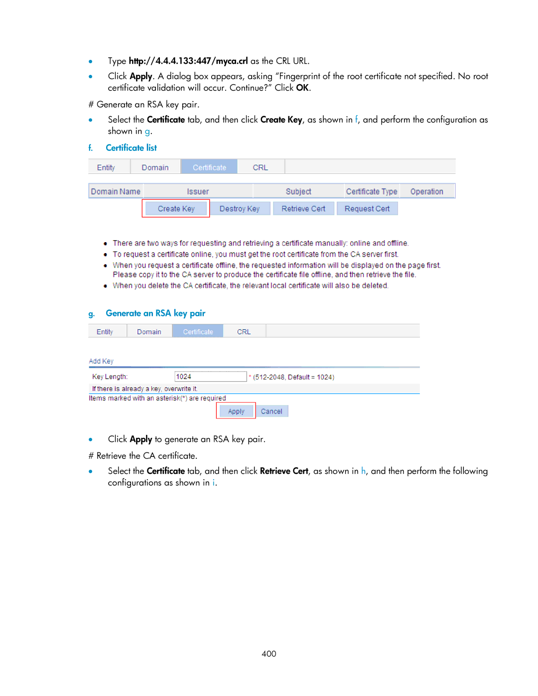 HP V1910 manual Certificate list Generate an RSA key pair, 400 