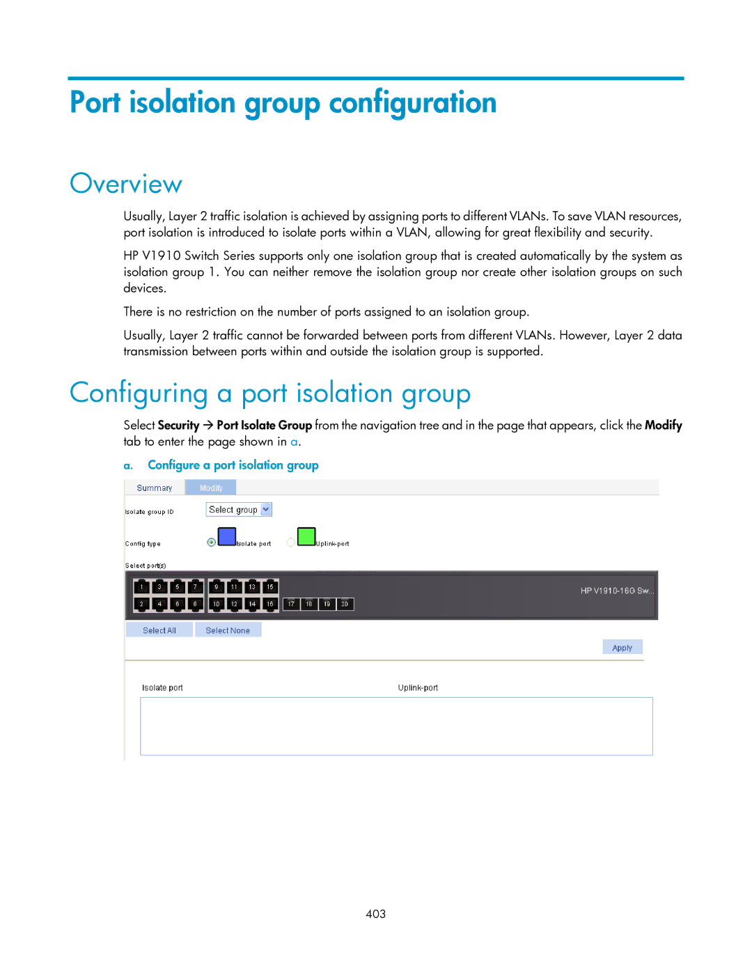 HP V1910 Port isolation group configuration, Configuring a port isolation group, Configure a port isolation group, 403 