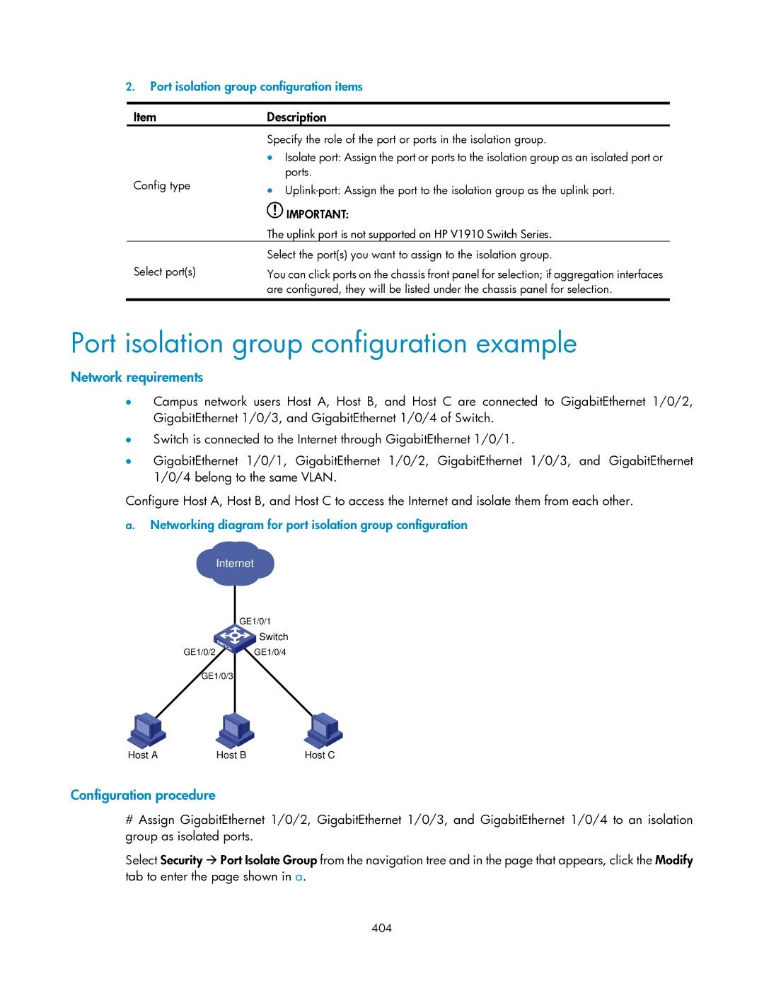 HP V1910 manual Port isolation group configuration example, Port isolation group configuration items, 404 