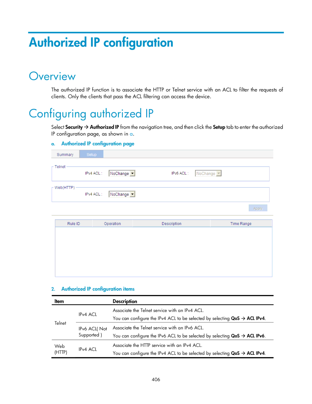 HP V1910 Authorized IP configuration, Configuring authorized IP, IPv4 ACL Associate the Telnet service with an IPv4 ACL 