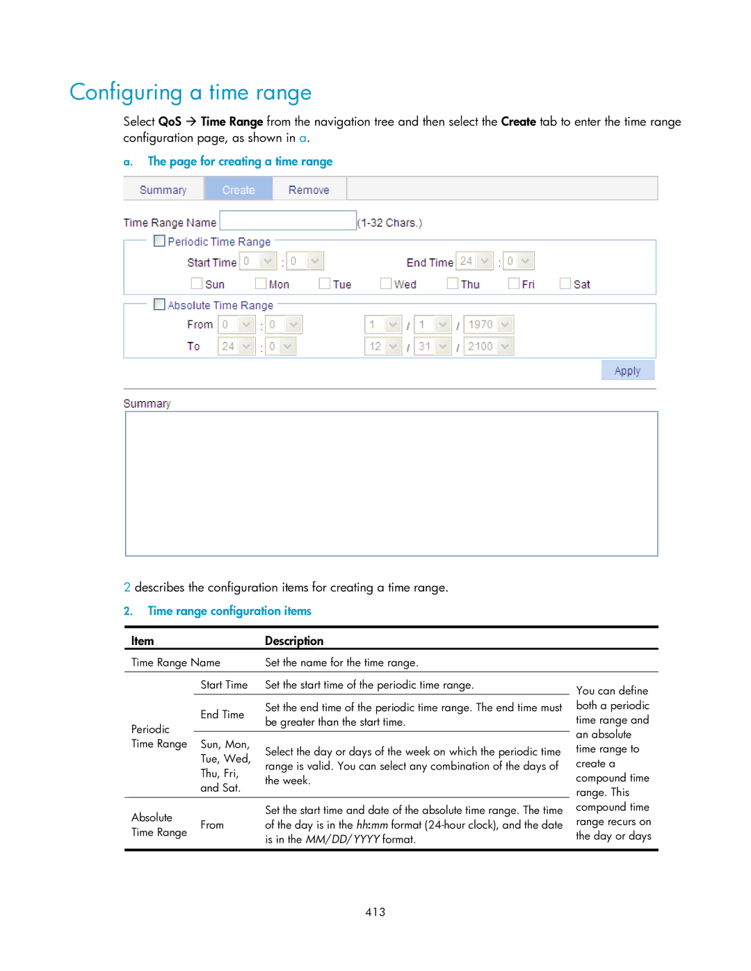 HP V1910 Configuring a time range, For creating a time range, Describes the configuration items for creating a time range 