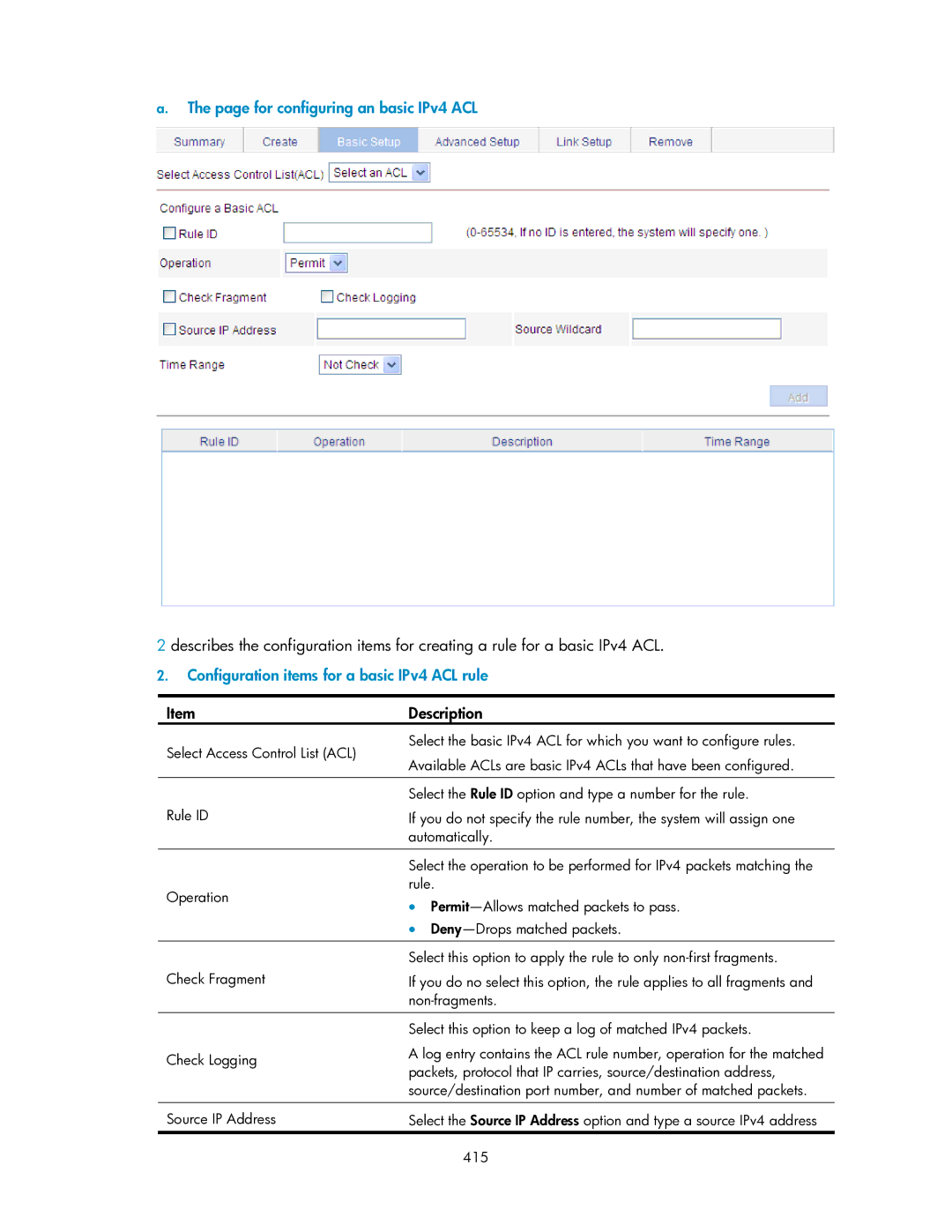 HP V1910 manual For configuring an basic IPv4 ACL, Configuration items for a basic IPv4 ACL rule, 415 