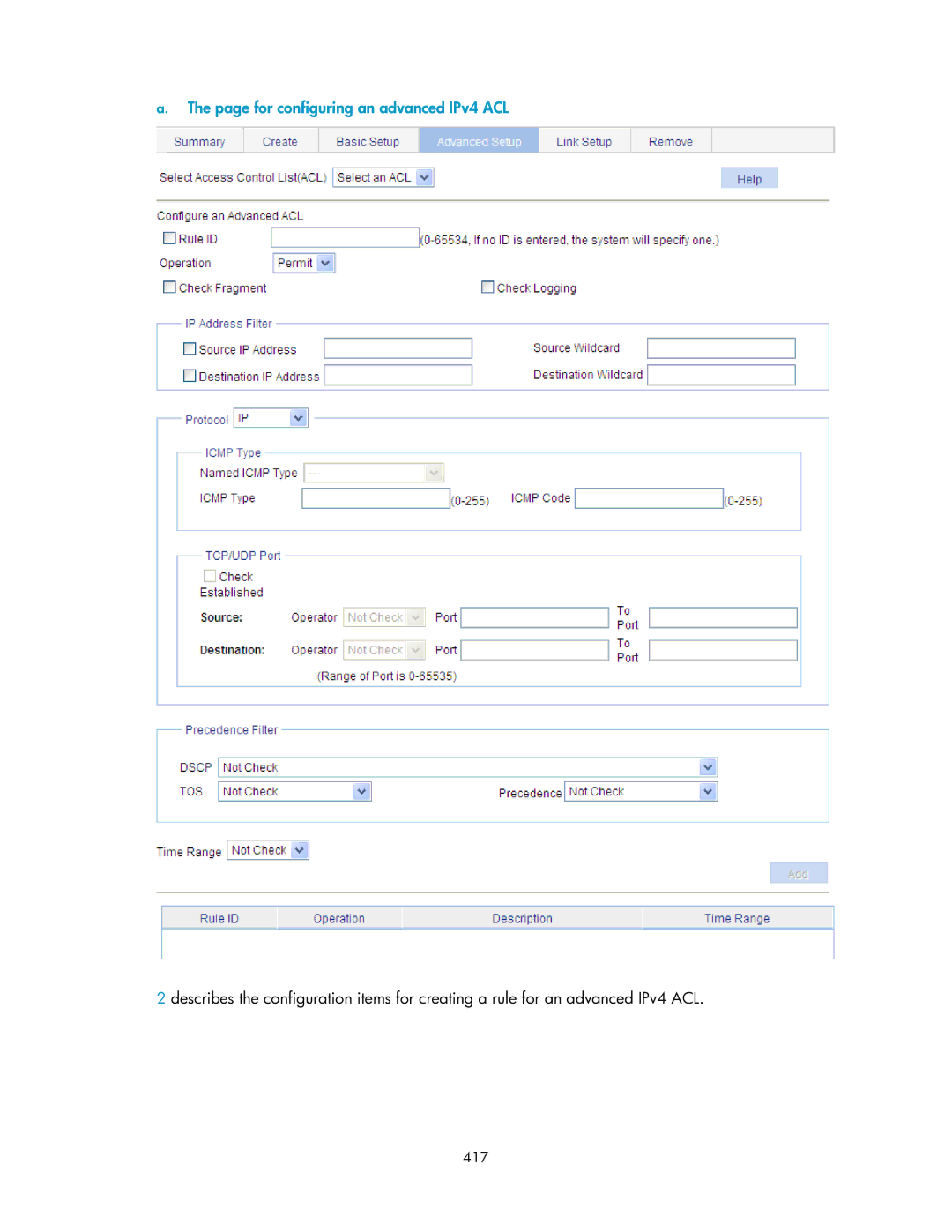 HP V1910 manual For configuring an advanced IPv4 ACL, 417 