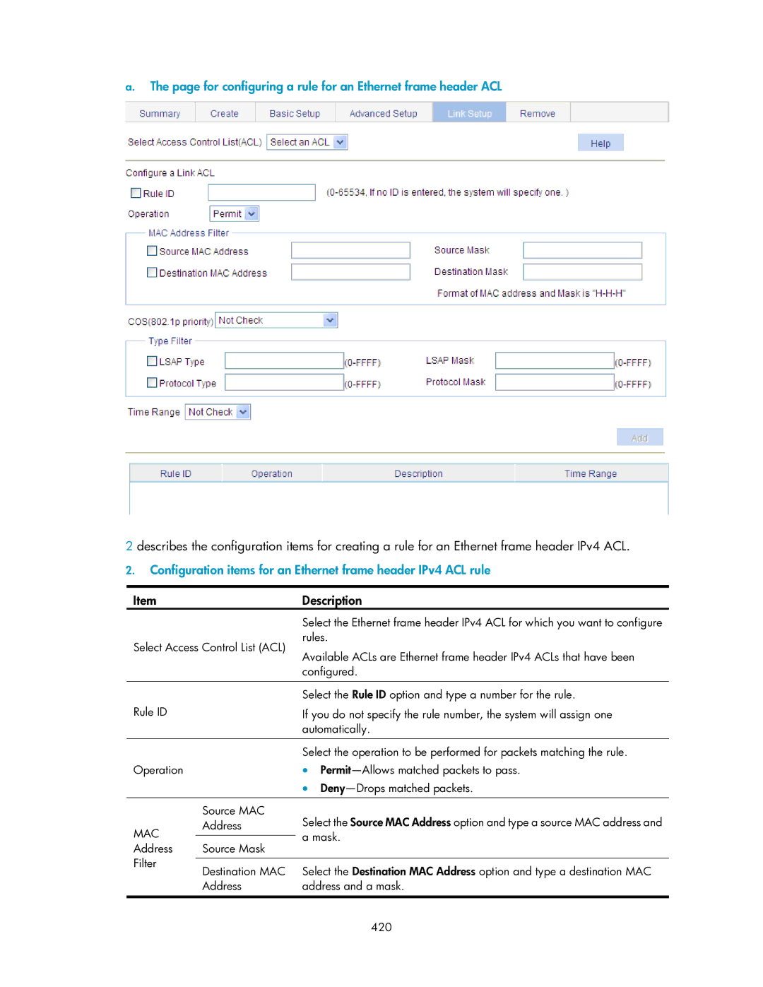 HP V1910 manual For configuring a rule for an Ethernet frame header ACL, Source Mask 