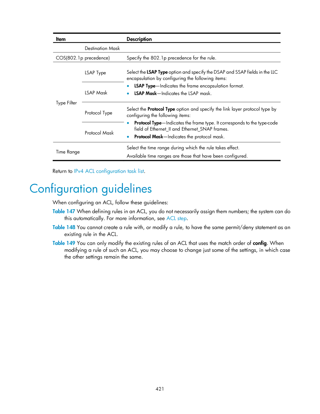 HP V1910 manual Encapsulation by configuring the following items, ∙ Lsap Type-Indicates the frame encapsulation format, 421 