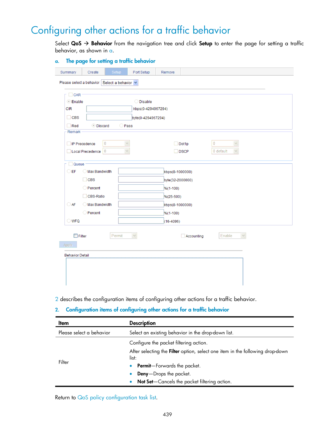 HP V1910 manual Configuring other actions for a traffic behavior, For setting a traffic behavior, 439 