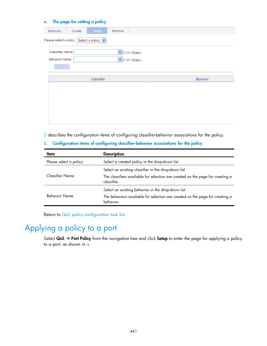 HP V1910 manual Applying a policy to a port, For setting a policy, Behavior Name, 441 