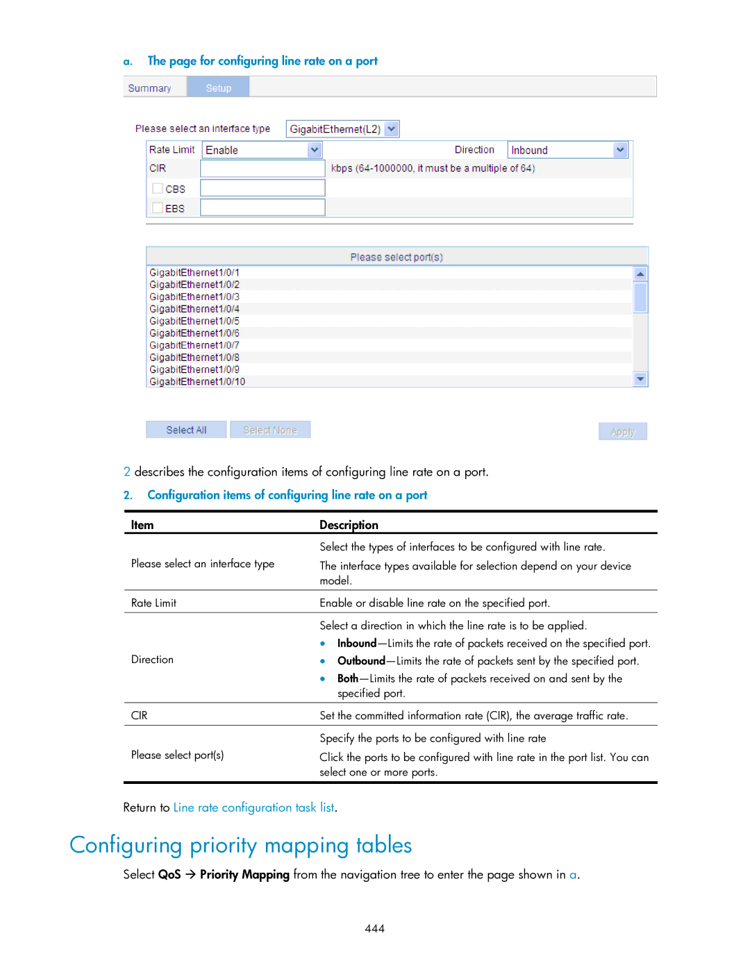 HP V1910 manual Configuring priority mapping tables, For configuring line rate on a port, Cir 